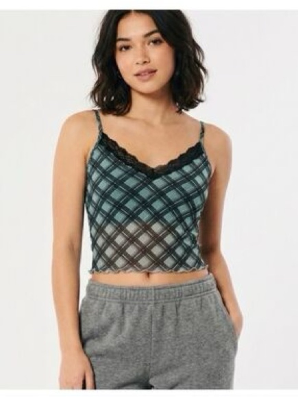 Hollister Teal Plaid Lace-Trim Crop Cami